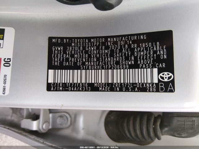 Продаж на аукціоні авто 2015 Toyota Corolla Le, vin: 5YFBURHE1FP206699, номер лоту: 46116561