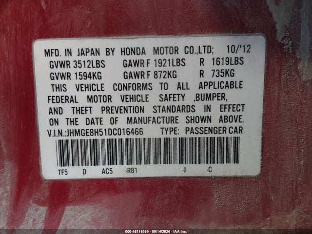 Продаж на аукціоні авто 2013 Honda Fit Sport, vin: JHMGE8H51DC016466, номер лоту: 46116569