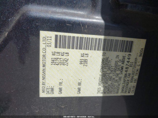 2011 Nissan Altima 2.5 S მანქანა იყიდება აუქციონზე, vin: 1N4AL2AP3BN487449, აუქციონის ნომერი: 46116572