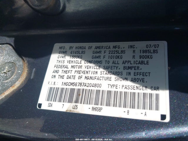 2007 Honda Accord 2.4 Ex მანქანა იყიდება აუქციონზე, vin: 1HGCM56787A204800, აუქციონის ნომერი: 46116573