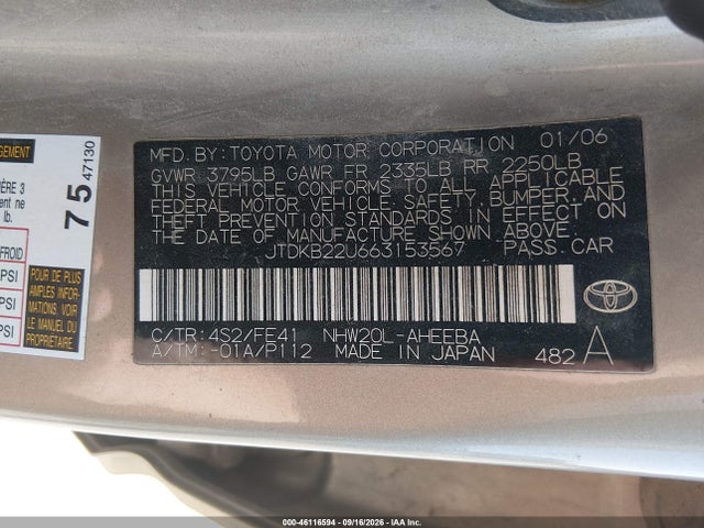 46116594 :رقم المزاد ، JTDKB22U663153567 vin ، 2006 Toyota Prius مزاد بيع