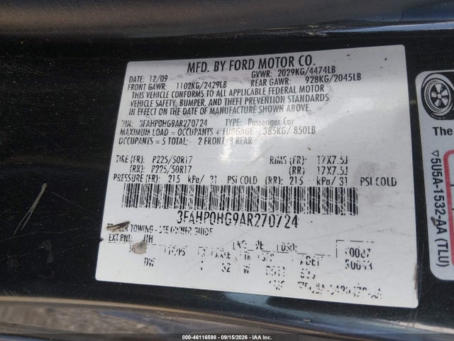 2010 Ford Fusion Se მანქანა იყიდება აუქციონზე, vin: 3FAHP0HG9AR270724, აუქციონის ნომერი: 46116598