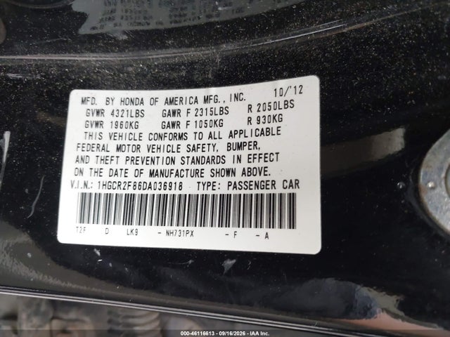 Продаж на аукціоні авто 2013 Honda Accord Ex-l, vin: 1HGCR2F86DA036918, номер лоту: 46116613