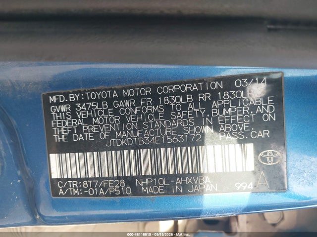 2014 Toyota Prius C One მანქანა იყიდება აუქციონზე, vin: JTDKDTB34E1563172, აუქციონის ნომერი: 46116619