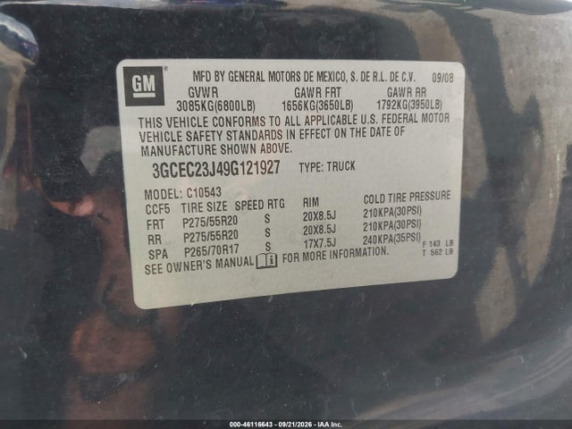 Продаж на аукціоні авто 2009 Chevrolet Silverado 1500 Lt, vin: 3GCEC23J49G121927, номер лоту: 46116643