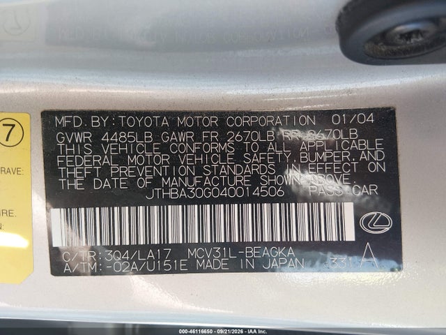 46116650 :رقم المزاد ، JTHBA30G040014506 vin ، 2004 Lexus Es 330 مزاد بيع