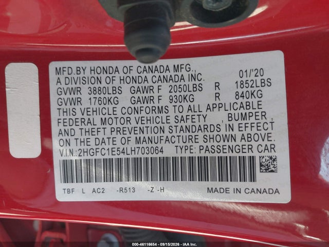2020 Honda Civic Si Sedan მანქანა იყიდება აუქციონზე, vin: 2HGFC1E54LH703064, აუქციონის ნომერი: 46116654