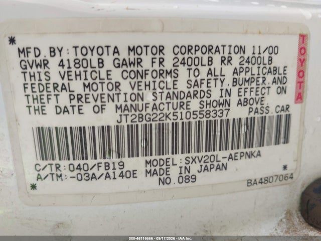 Aukcja sprzedaży 2001 Toyota Camry Le, vin: JT2BG22K510558337, numer aukcji: 46116666
