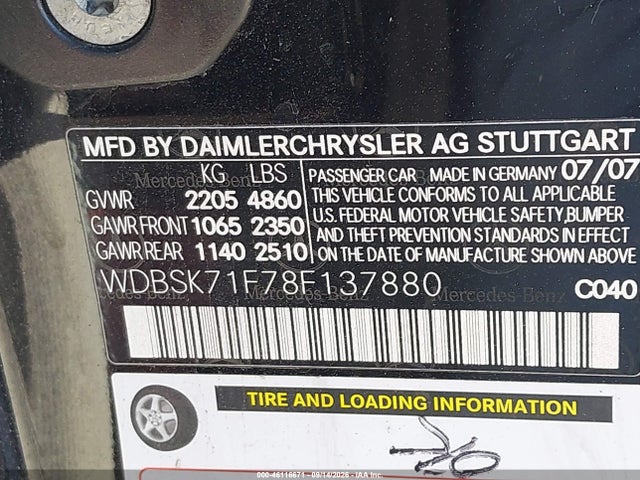 Aukcja sprzedaży 2008 Mercedes-benz Sl 550, vin: WDBSK71F78F137880, numer aukcji: 46116671