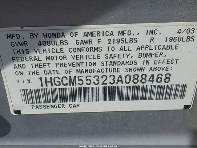 46116680 :رقم المزاد ، 1HGCM55323A088468 vin ، 2003 Honda Accord 2.4 Lx مزاد بيع