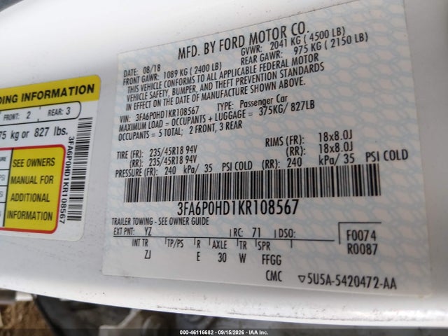 2019 Ford Fusion Se მანქანა იყიდება აუქციონზე, vin: 3FA6P0HD1KR108567, აუქციონის ნომერი: 46116682