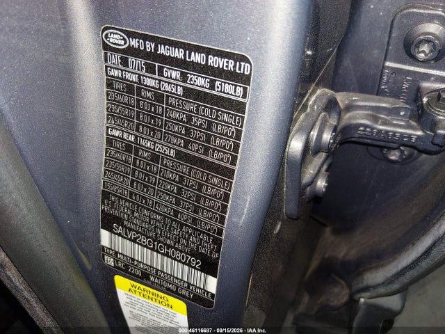 Aukcja sprzedaży 2016 Land Rover Range Rover Evoque Se/se Premium, vin: SALVP2BG1GH080792, numer aukcji: 46116687