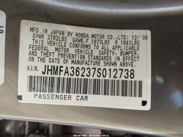 Продаж на аукціоні авто 2007 Honda Civic Hybrid, vin: JHMFA36237S012738, номер лоту: 46116691