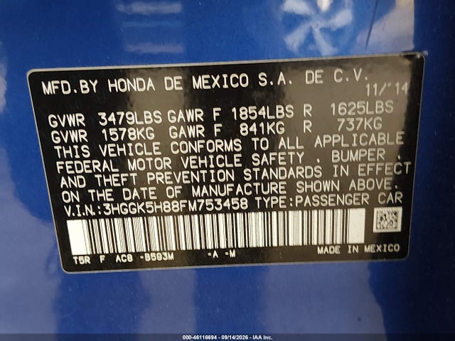 Aukcja sprzedaży 2015 Honda Fit Ex/ex-l, vin: 3HGGK5H88FM753458, numer aukcji: 46116694