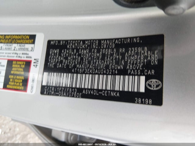 Продажа на аукционе авто 2010 Toyota Camry Le, vin: 4T1BF3EK0AU043214, номер лота: 46116697