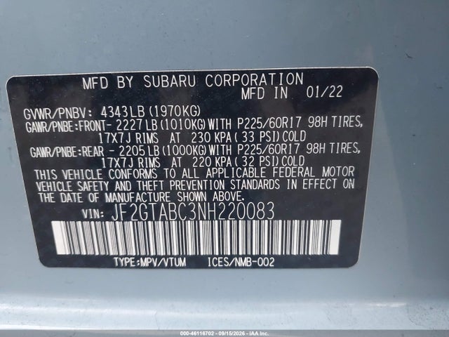 2022 Subaru Crosstrek მანქანა იყიდება აუქციონზე, vin: JF2GTABC3NH220083, აუქციონის ნომერი: 46116702
