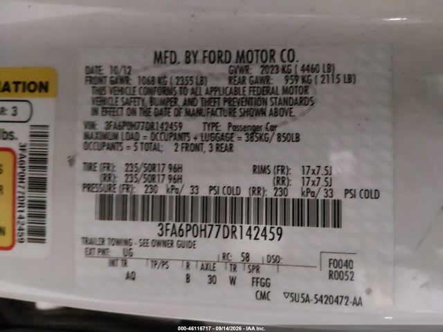 Продажа на аукционе авто 2013 Ford Fusion Se, vin: 3FA6P0H77DR142459, номер лота: 46116717