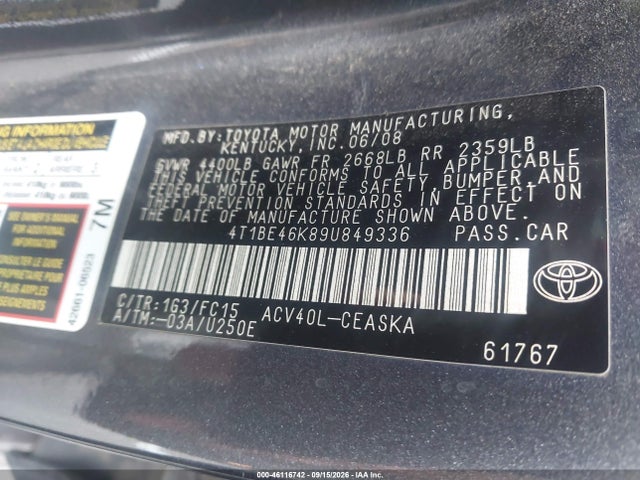 Продажа на аукционе авто 2009 Toyota Camry Se/le/xle, vin: 4T1BE46K89U849336, номер лота: 46116742
