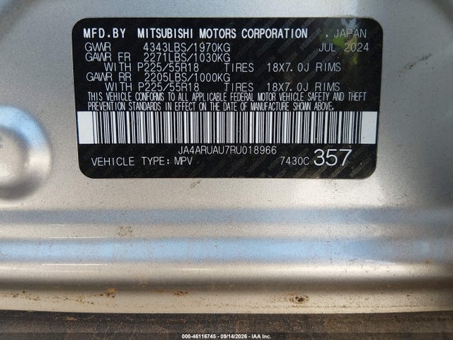 46116745 :رقم المزاد ، JA4ARUAU7RU018966 vin ، 2024 Mitsubishi Outlander Sport 2.0 Es Awc/2.0 Le Awc/2.0 Ralliart Awc/2.0 S Awc/2.0 Se Awc/2.0 Trail Edition Awc مزاد بيع