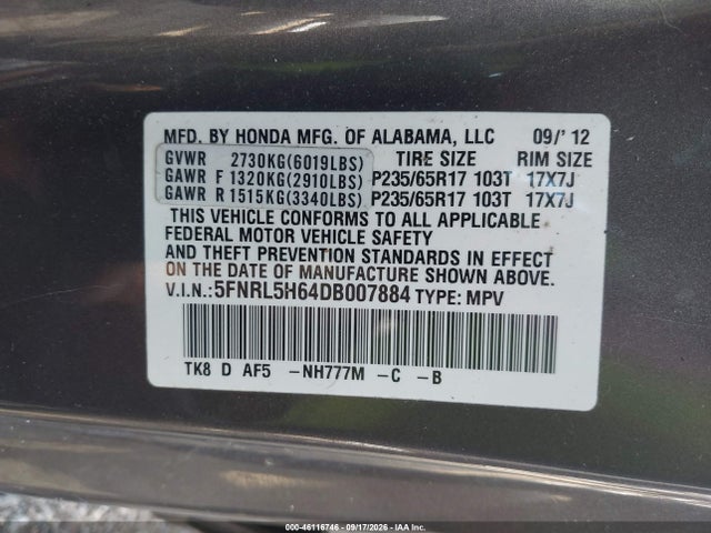 46116746 :رقم المزاد ، 5FNRL5H64DB007884 vin ، 2013 Honda Odyssey Ex-l مزاد بيع