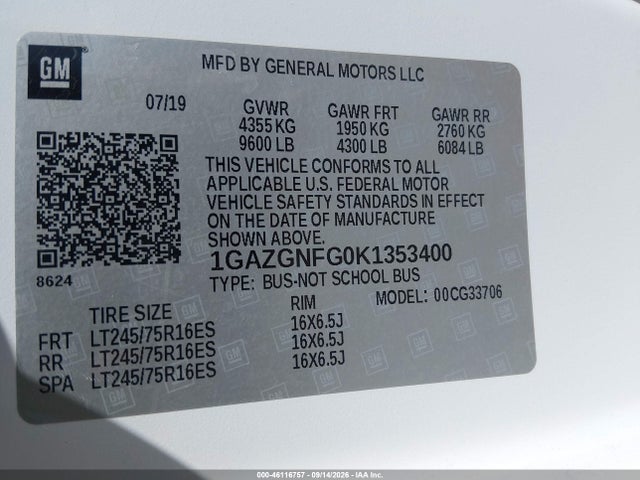 Продаж на аукціоні авто 2019 Chevrolet Express 3500 Ls, vin: 1GAZGNFG0K1353400, номер лоту: 46116757