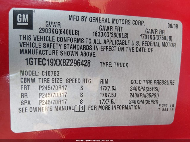 2008 Gmc Sierra 1500 Work Truck მანქანა იყიდება აუქციონზე, vin: 1GTEC19XX8Z296428, აუქციონის ნომერი: 46116760