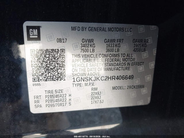 Продаж на аукціоні авто 2017 Chevrolet Suburban Premier, vin: 1GNSKJKC2HR406649, номер лоту: 46116778