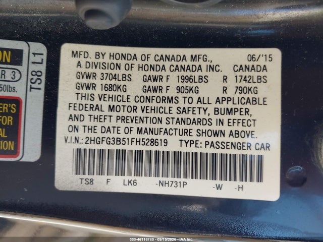 Honda Civic Lx 2015 2HGFG3B51FH528619 Image 9