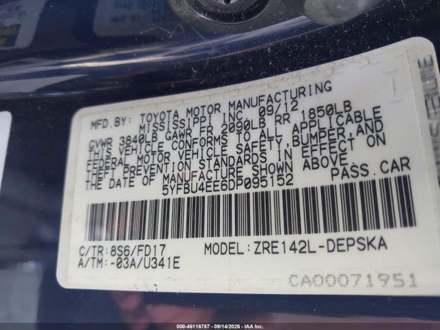2013 Toyota Corolla S მანქანა იყიდება აუქციონზე, vin: 5YFBU4EE6DP095152, აუქციონის ნომერი: 46116787