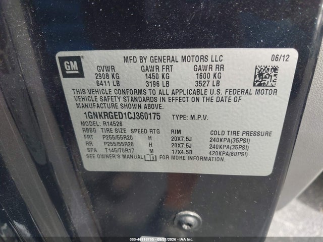 46116795 :رقم المزاد ، 1GNKRGED1CJ360175 vin ، 2012 Chevrolet Traverse 1lt مزاد بيع