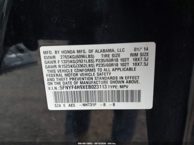 Aukcja sprzedaży 2014 Honda Pilot Touring, vin: 5FNYF4H9XEB023113, numer aukcji: 46116802