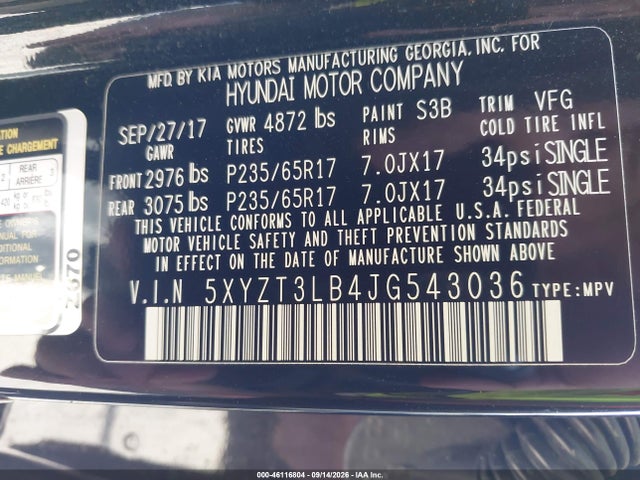 Продаж на аукціоні авто 2018 Hyundai Santa Fe Sport 2.4l, vin: 5XYZT3LB4JG543036, номер лоту: 46116804
