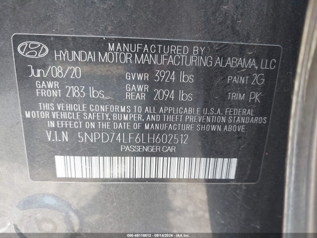 46116812 :رقم المزاد ، 5NPD74LF6LH602512 vin ، 2020 Hyundai Elantra Se مزاد بيع