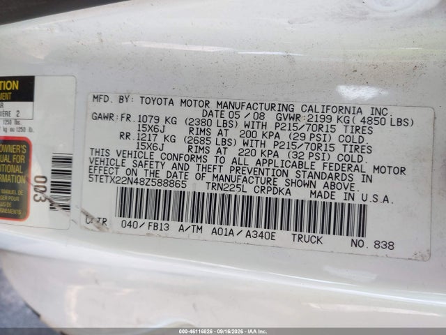 Продаж на аукціоні авто 2008 Toyota Tacoma, vin: 5TETX22N48Z588865, номер лоту: 46116826