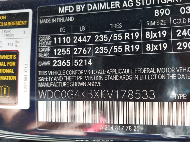 Продаж на аукціоні авто 2019 Mercedes-benz Glc 300 4matic, vin: WDC0G4KBXKV178533, номер лоту: 46116827