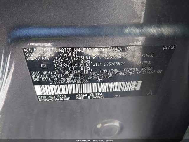 46116831 :رقم المزاد ، 2T3RFREV6GW488066 vin ، 2016 Toyota Rav4 Xle مزاد بيع