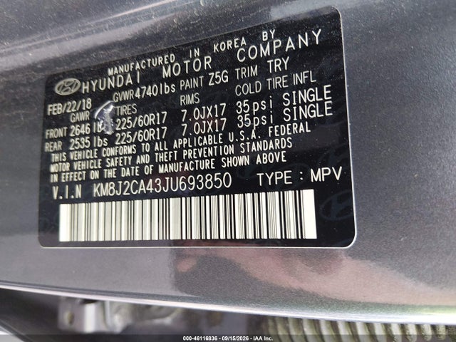 Aukcja sprzedaży 2018 Hyundai Tucson Se, vin: KM8J2CA43JU693850, numer aukcji: 46116836