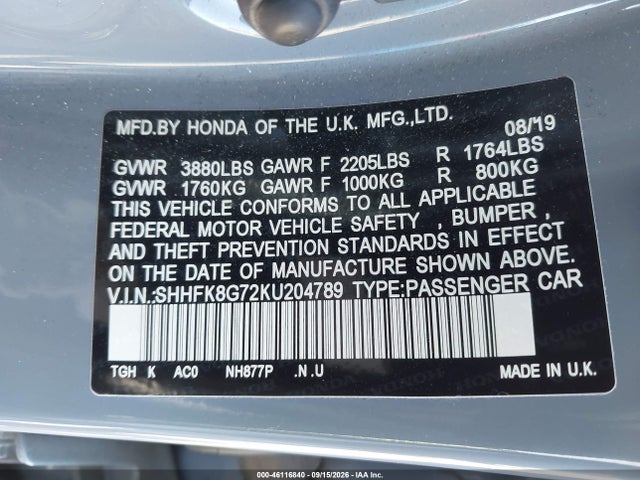 Auction sale of the 2019 Honda Civic Type R Touring, vin: SHHFK8G72KU204789, lot number: 46116840