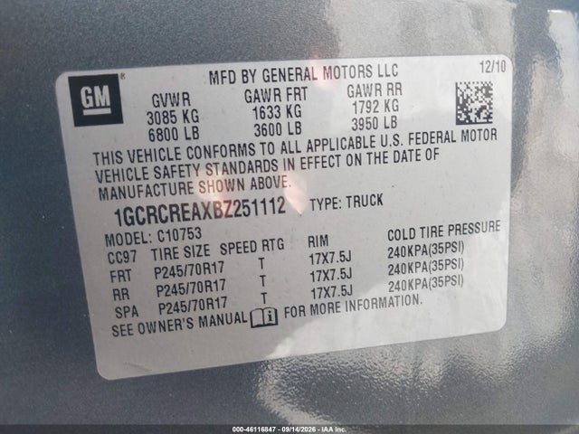 2011 Chevrolet Silverado 1500 Ls მანქანა იყიდება აუქციონზე, vin: 1GCRCREAXBZ251112, აუქციონის ნომერი: 46116847