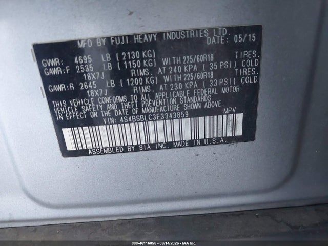 2015 Subaru Outback 2.5i Limited მანქანა იყიდება აუქციონზე, vin: 4S4BSBLC3F3343859, აუქციონის ნომერი: 46116855