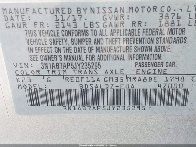2018 Nissan Sentra Sv მანქანა იყიდება აუქციონზე, vin: 3N1AB7AP5JY235295, აუქციონის ნომერი: 46116864