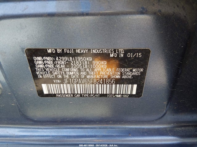 Aukcja sprzedaży 2015 Subaru Impreza Wagon 2.0i Sport Limited, vin: JF1GPAV65F8241856, numer aukcji: 46116868