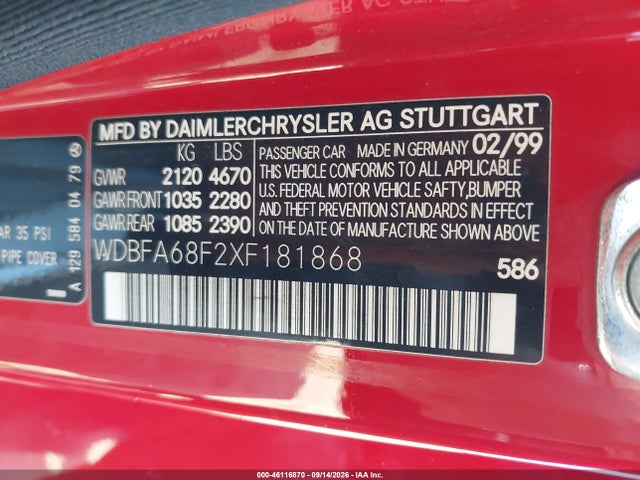 Продаж на аукціоні авто 1999 Mercedes-benz Sl 500, vin: WDBFA68F2XF181868, номер лоту: 46116870