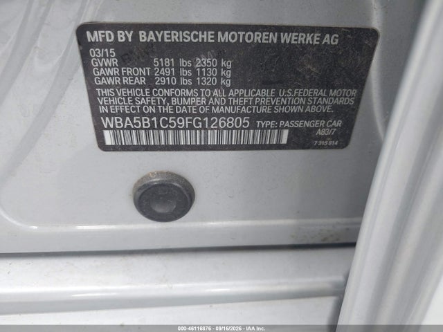 Aukcja sprzedaży 2015 Bmw 535i, vin: WBA5B1C59FG126805, numer aukcji: 46116876