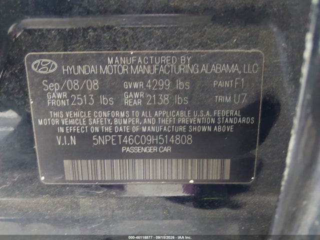 Продажа на аукционе авто 2009 Hyundai Sonata Gls, vin: 5NPET46C09H514808, номер лота: 46116877
