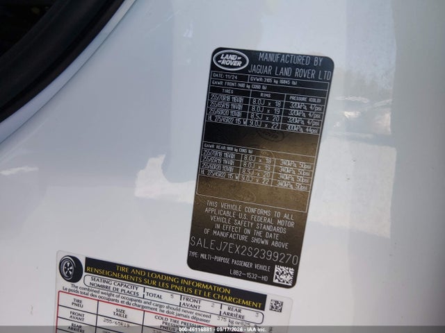 2025 Land Rover Defender 110 P300 მანქანა იყიდება აუქციონზე, vin: SALEJ7EX2S2399270, აუქციონის ნომერი: 46116881