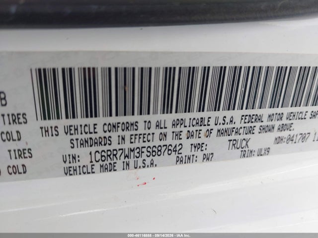 46116888 :رقم المزاد ، 1C6RR7WM3FS687642 vin ، 2015 Ram 1500 Laramie Limited مزاد بيع