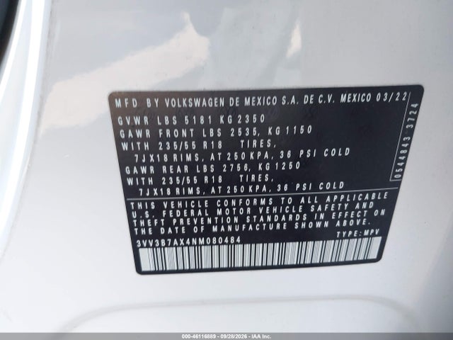 3VV3B7AX4NM080484 Volkswagen Tiguan 2.0t Se