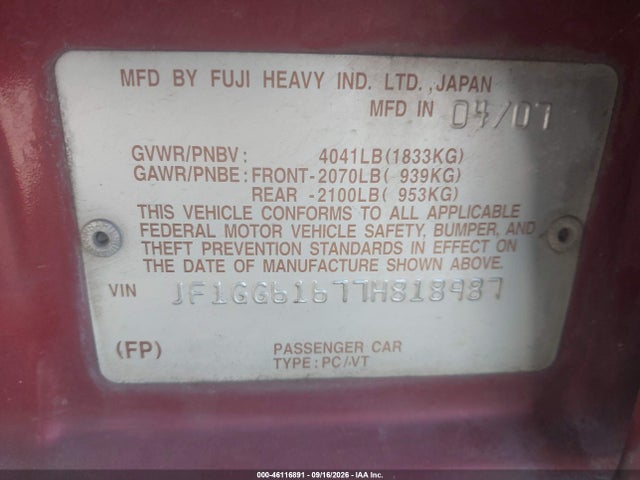 Продаж на аукціоні авто 2007 Subaru Impreza 2.5i, vin: JF1GG61677H818987, номер лоту: 46116891