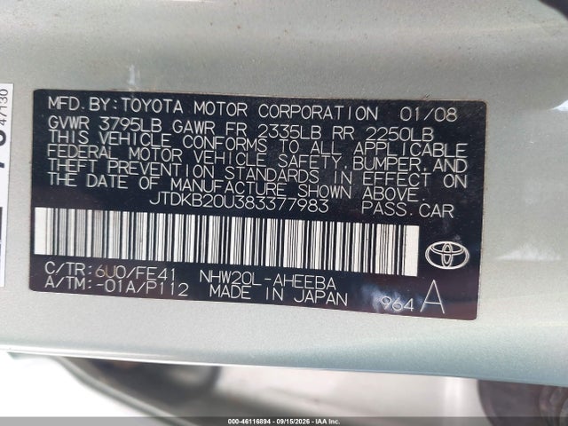 Продаж на аукціоні авто 2008 Toyota Prius, vin: JTDKB20U383377983, номер лоту: 46116894
